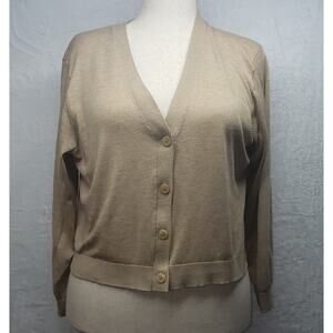 A New Day Women’s L Tan Khaki Collarless Button‑Front Cardigan Ribbed Trim NWOT